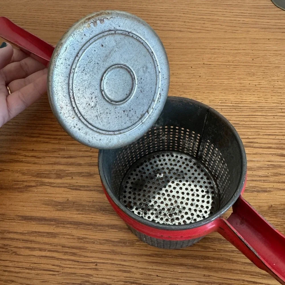 Vintage Red Metal Potato Masher‎ Ricer Kitchen Tool Gadget